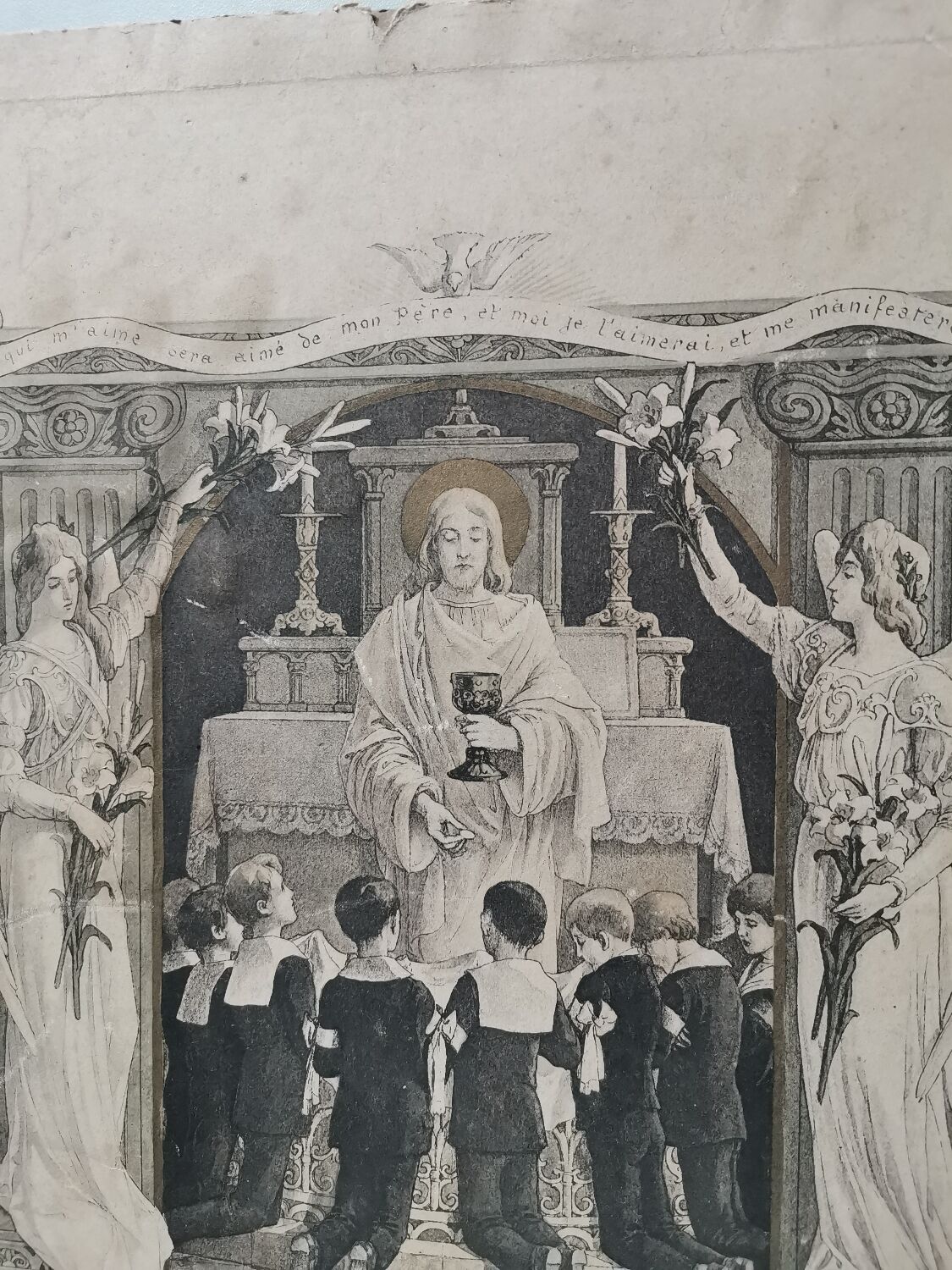 Gravure religieuse dorée, depuis 1900, certificat de baptêmes Vintage