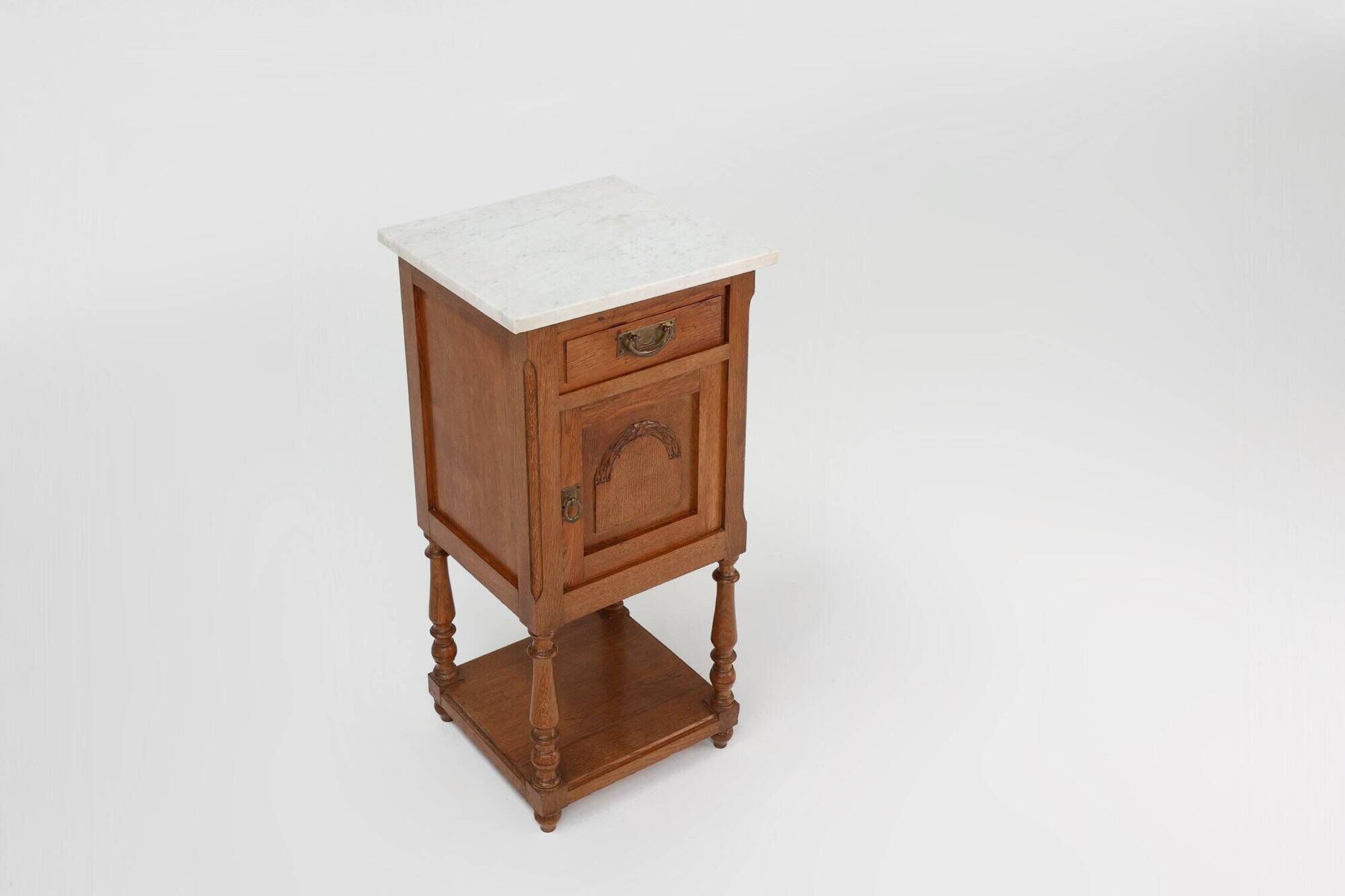 Art Deco Nightstand in Oak with Carrara Marble Top, France 1930s