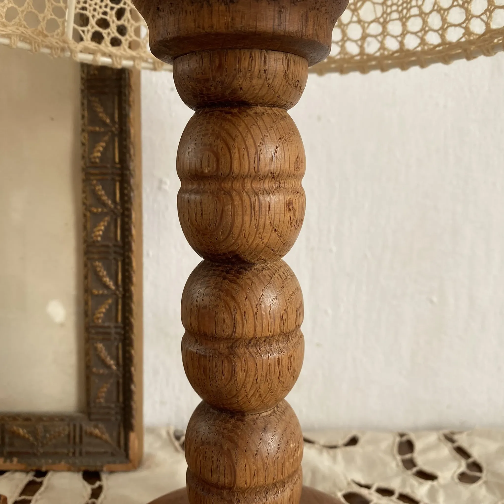 Wooden turned bedside lamp with lace