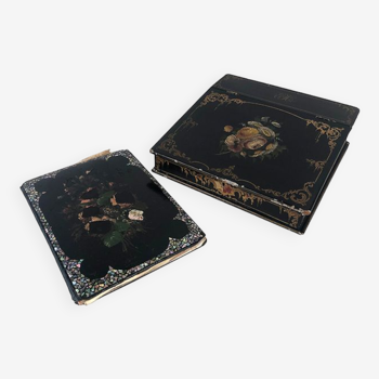 Coffret écritoire en bois noirci à décor de fleurs et porte-documents burgauté, Napoléon III