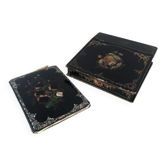 Coffret écritoire en bois noirci à décor de fleurs et porte-documents burgauté, Napoléon III