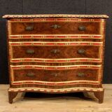 Majestueuse commode galbée style Régence en marqueterie de bois de rose et palissandre