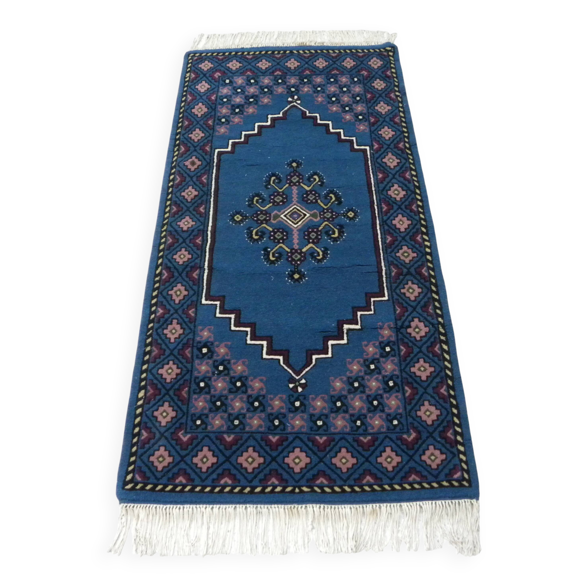 Vintage traditional Tunisian oriental rug in handmade blue wool.