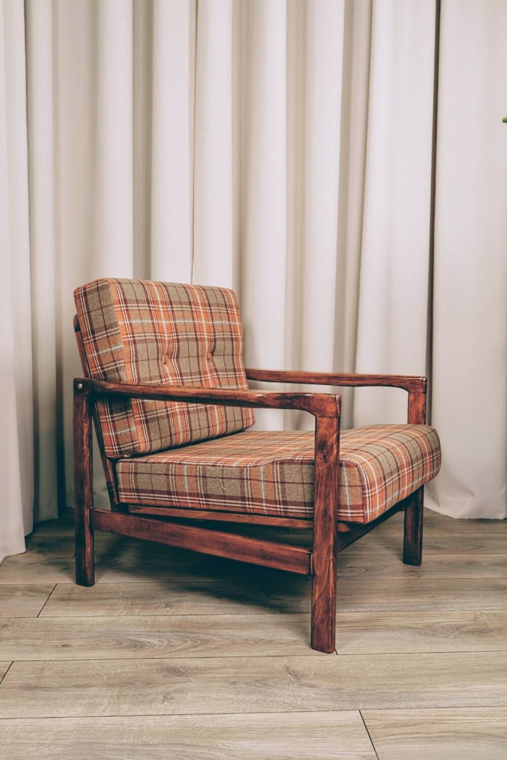 Scandinavian armchair in natural wool, orange, checked, 1965, Z. Baczyk