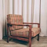 Scandinavian armchair in natural wool, orange, checked, 1965, Z. Baczyk