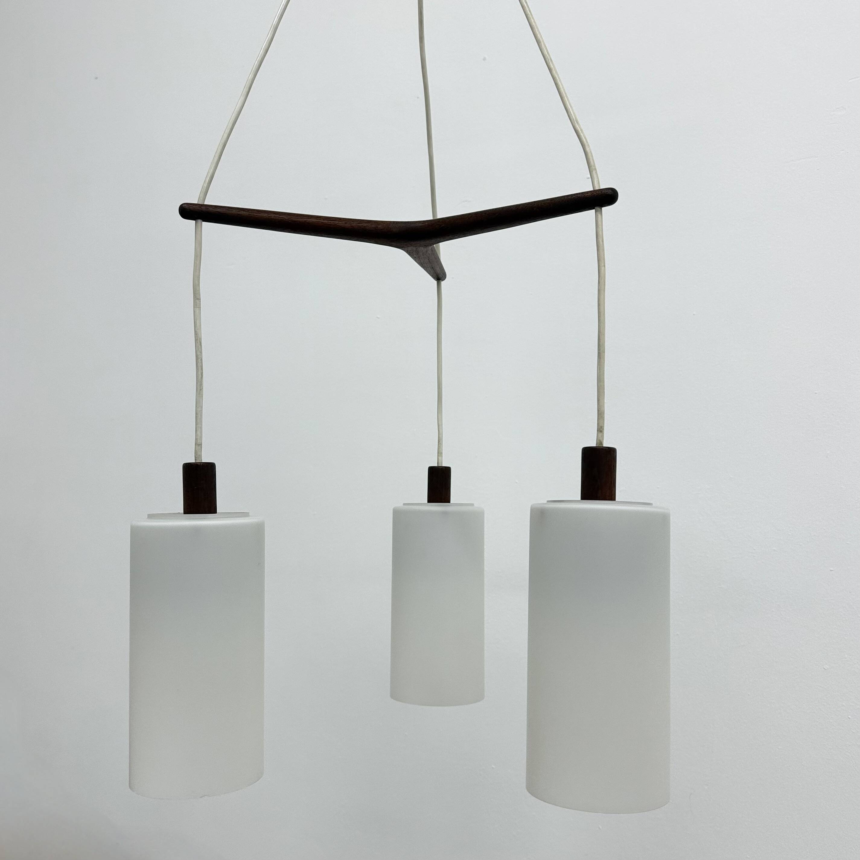 Mid-century design pendant lamp teak and opaline glass, 1970s