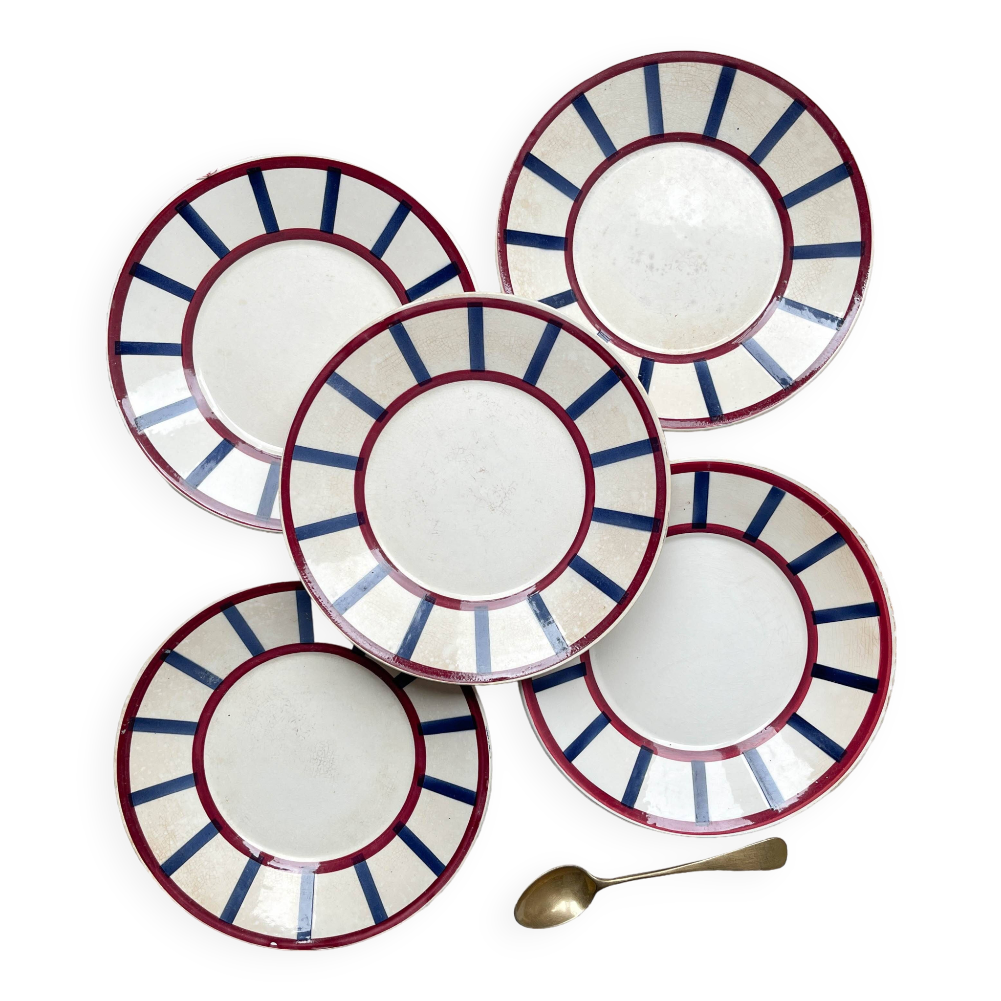 5 Small Vintage French Plates Terre de Fer HBCM Béarn blue and red stripes