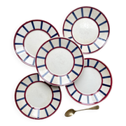 5 Small Vintage French Plates Terre de Fer HBCM Béarn blue and red stripes
