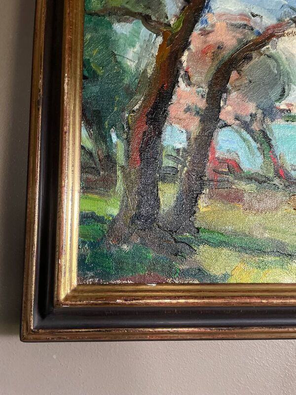 peinture à l'huile et au couteau sur toile montée sur châssis.Vintage