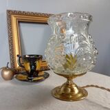 Brass foot table lamp, transparent textured molded globe, art deco style