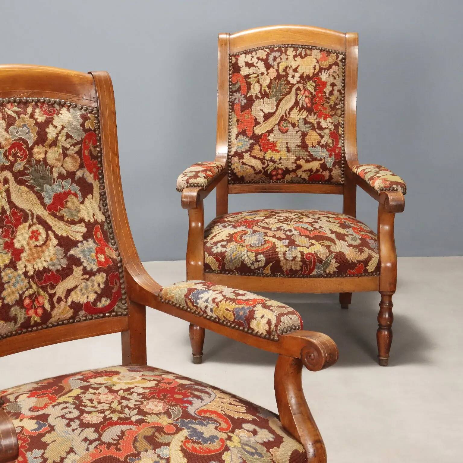 Antique walnut, maple, and fabric armchairs, Italy, late 19th century.