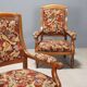 Antique walnut, maple, and fabric armchairs, Italy, late 19th century.