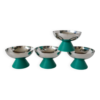 set of 4 large stainless steel bowls and green plastic feet 1970