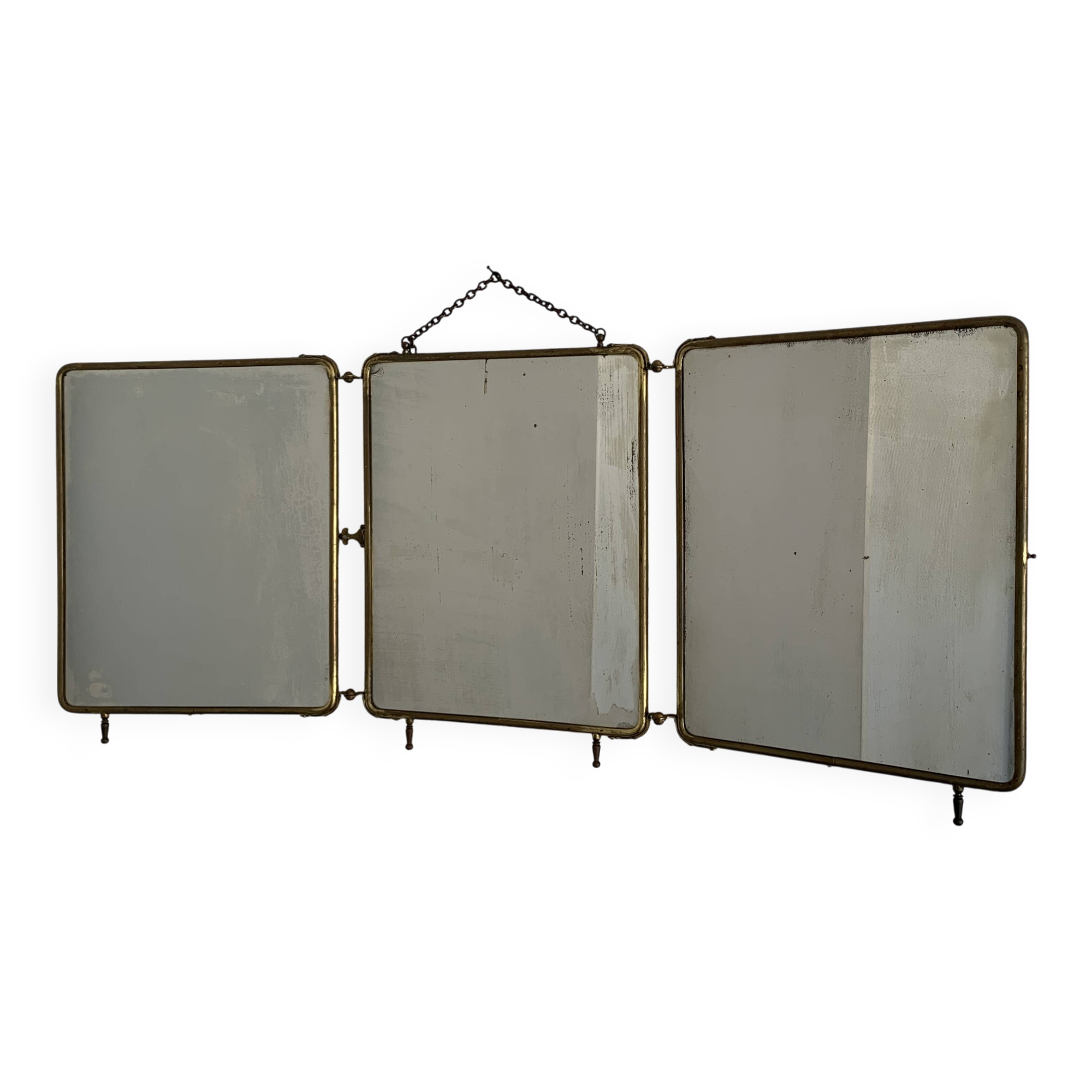 Vintage 1920s triptych barber mirror in gold and green faux crocodile leather - 37 x 87