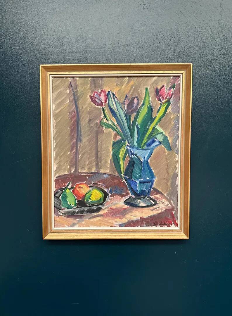 Original Swedish Oil on Canvas - 'Tulips' by Knut Lindström - Signed - Dated 1966 - Framed