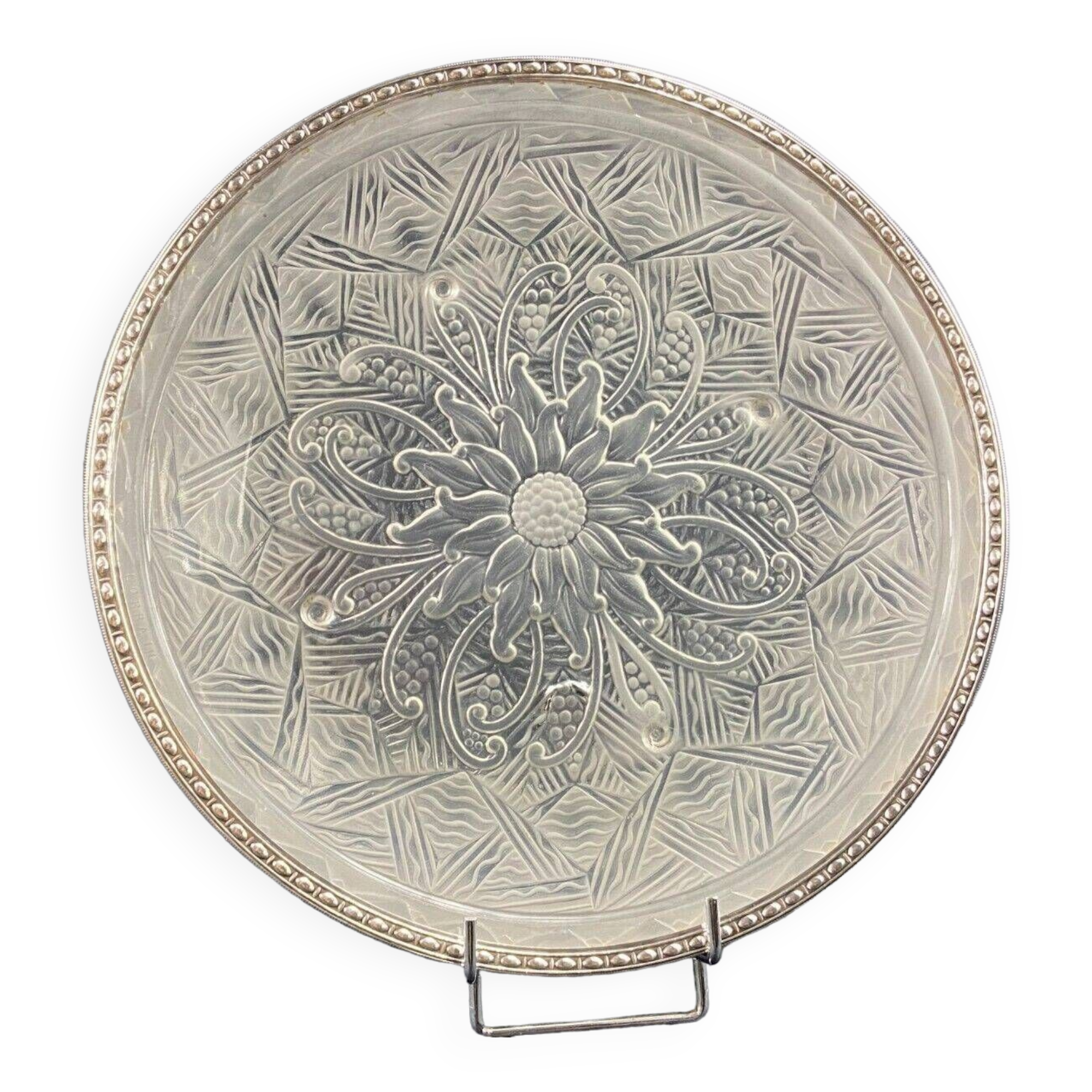 Plat circulaire en verre Art Déco signé Lorrain monture en argent massif minerve