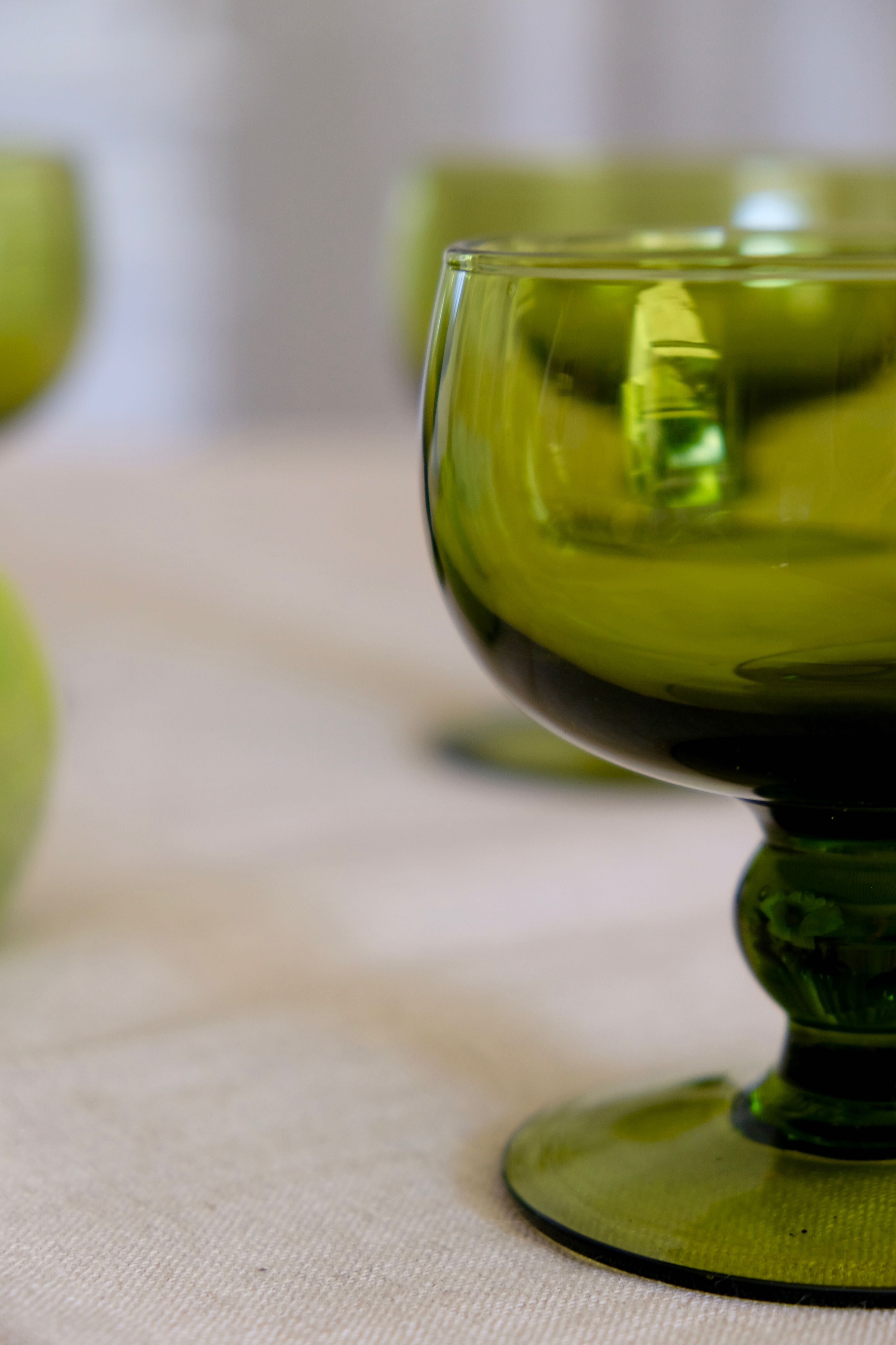 Set of 12 olive green wine glasses, mouth soufflé from the 50s