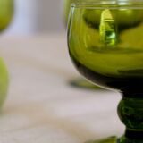 Set of 12 olive green wine glasses, mouth soufflé from the 50s