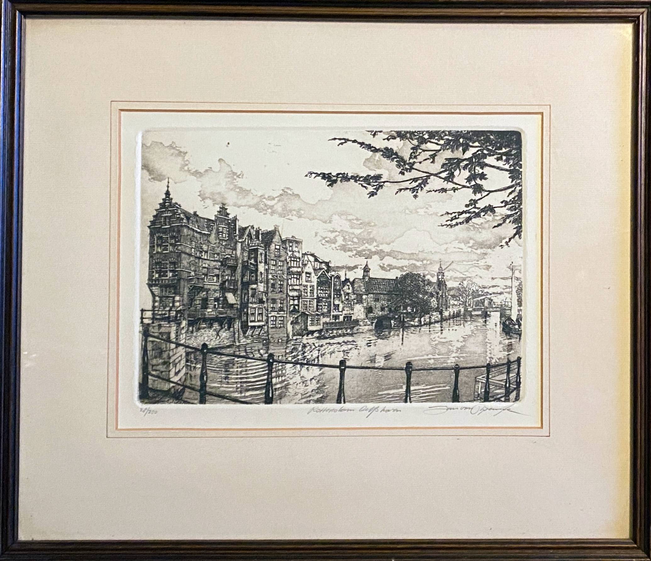 Engraving Rotterdam Delfshaven canal signed 28/250 + frame