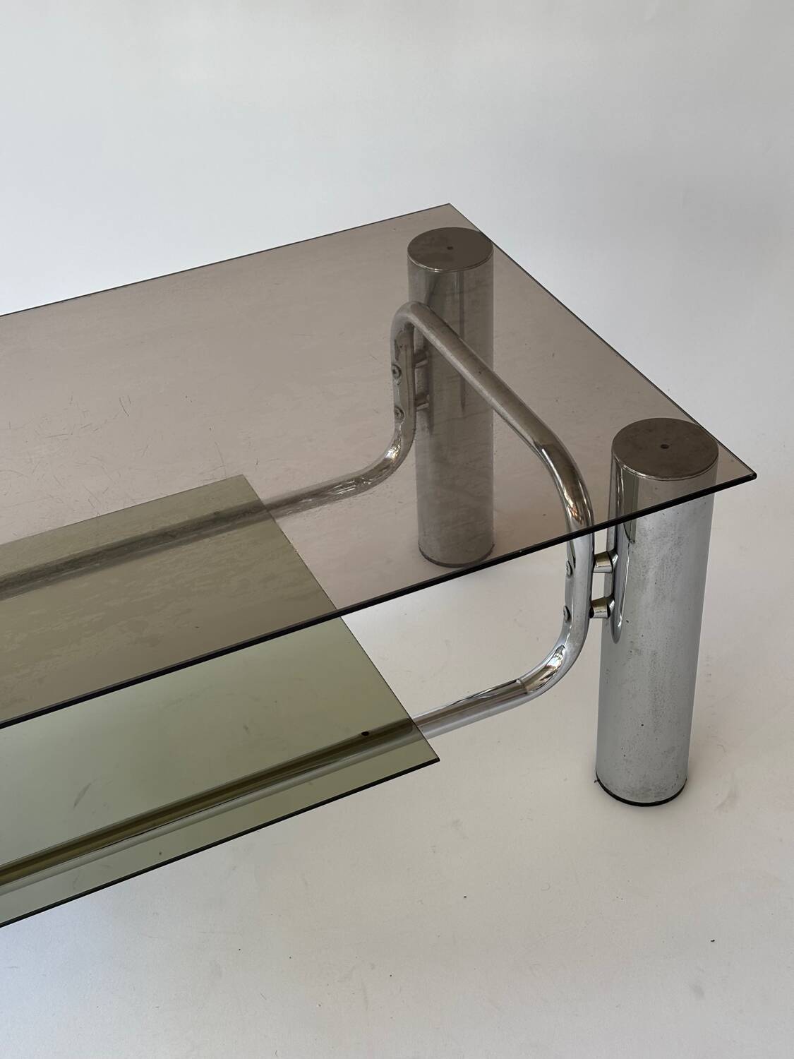 Chrome-plated metal and smoked glass coffee table, 1970