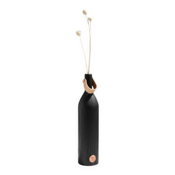 Vase en bois brulé pour fleur séchée, anse en cuir et laiton