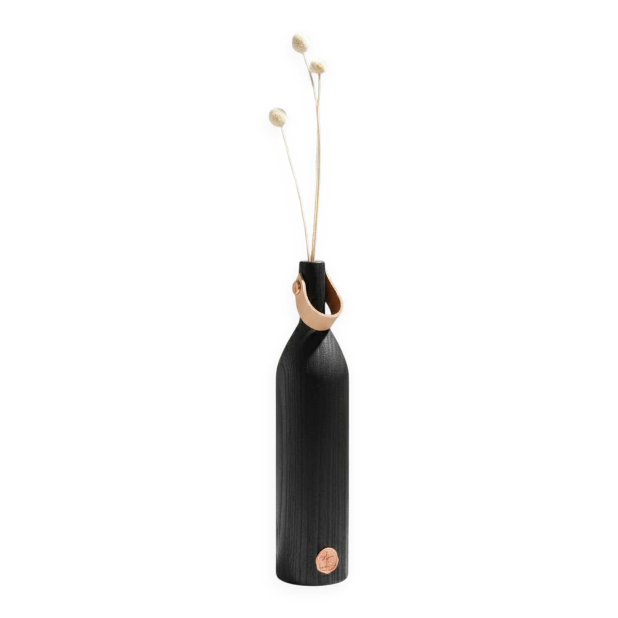 Burnt wood vase for dried flowers, with a leather and brass handle.