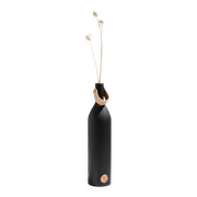 Burnt wood vase for dried flowers, with a leather and brass handle.