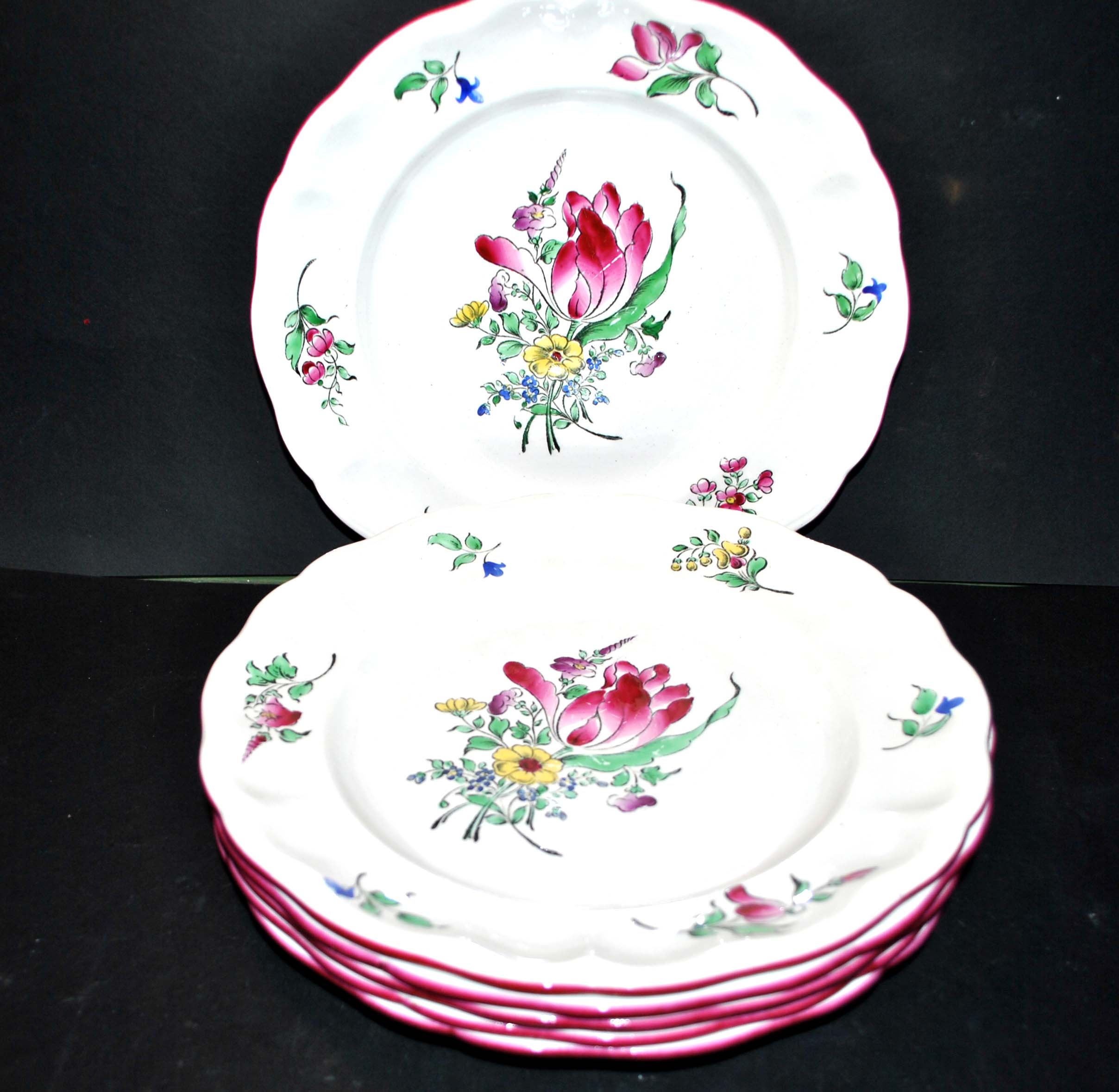 Série de 6 assiettes plates en faïence de Lunéville Keller&Guérin modèle fleuri polychrome Réverbère