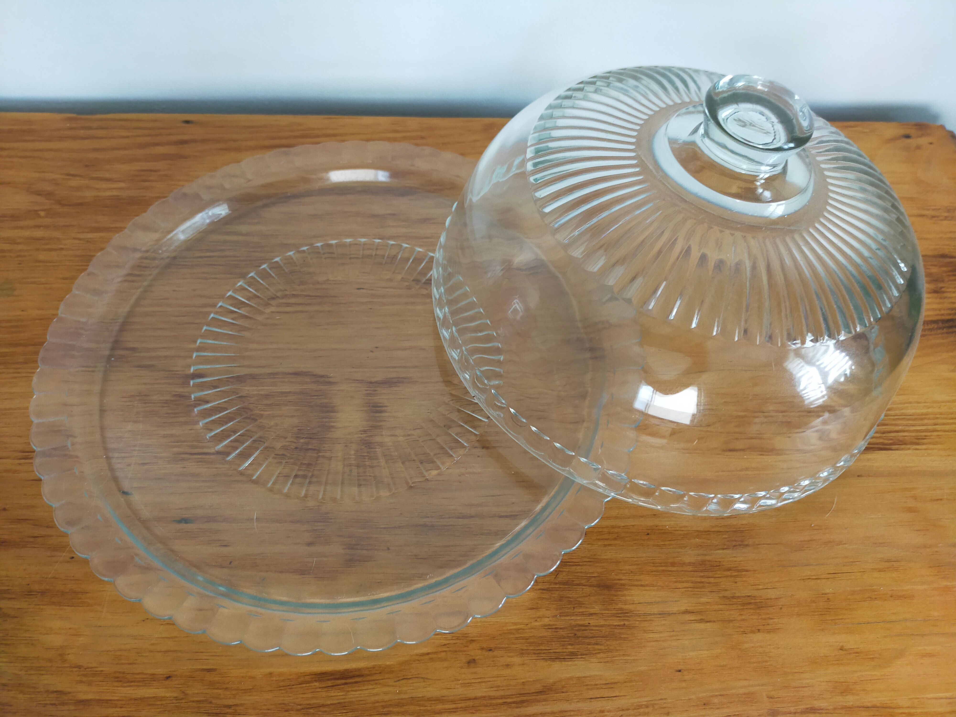 Glass cheese bell with vintage plate