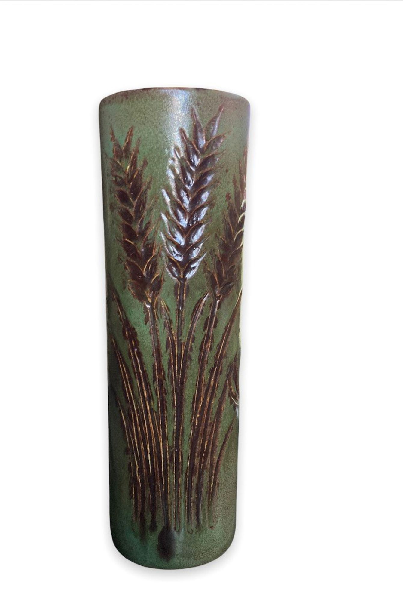 Vase rouleau fond vert midcentury, La Poterie PÉrigourdine