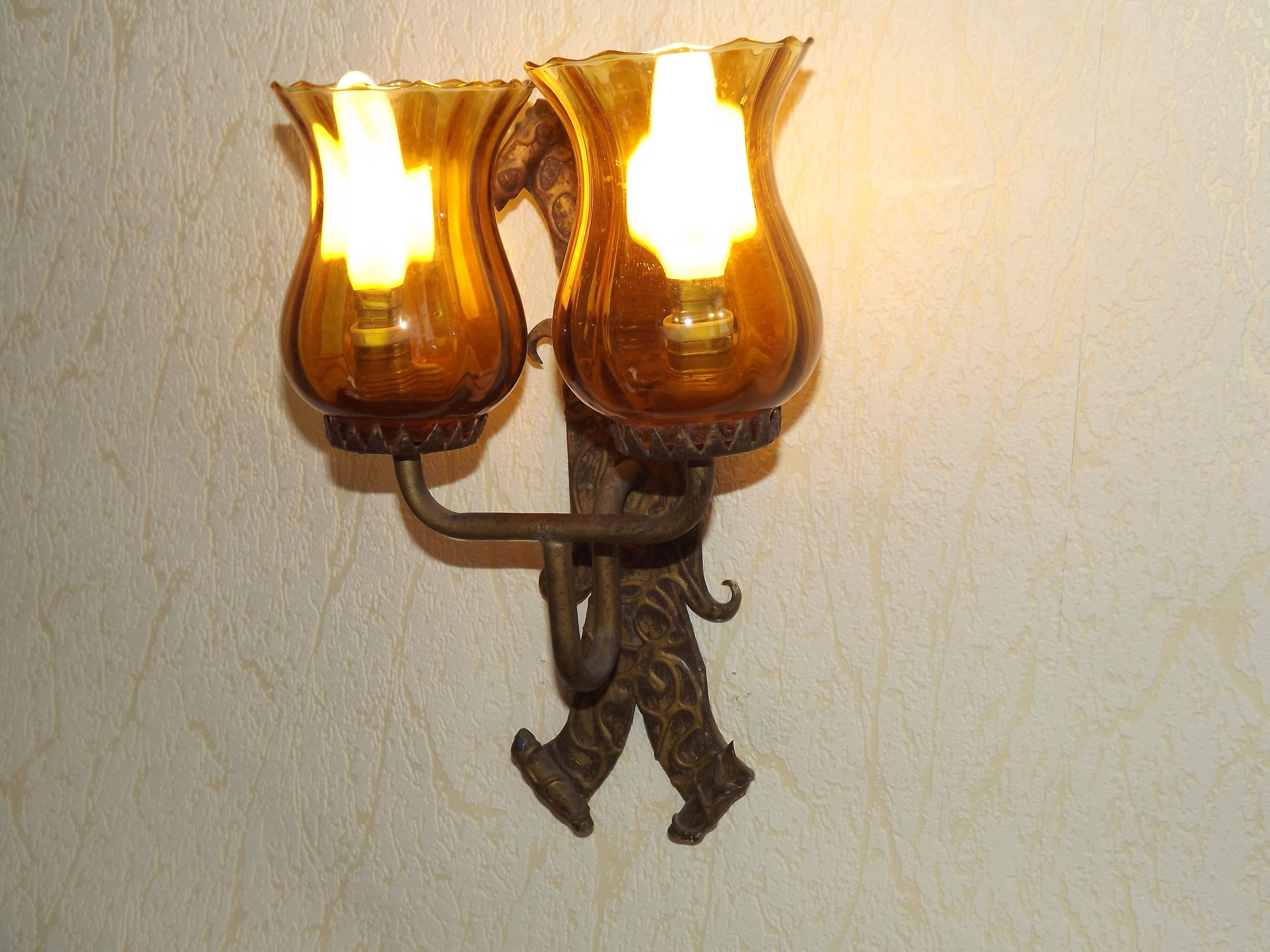 Double Hand Forged Wrought Iron Medieval Style Wall Light with Amber Glass Shade