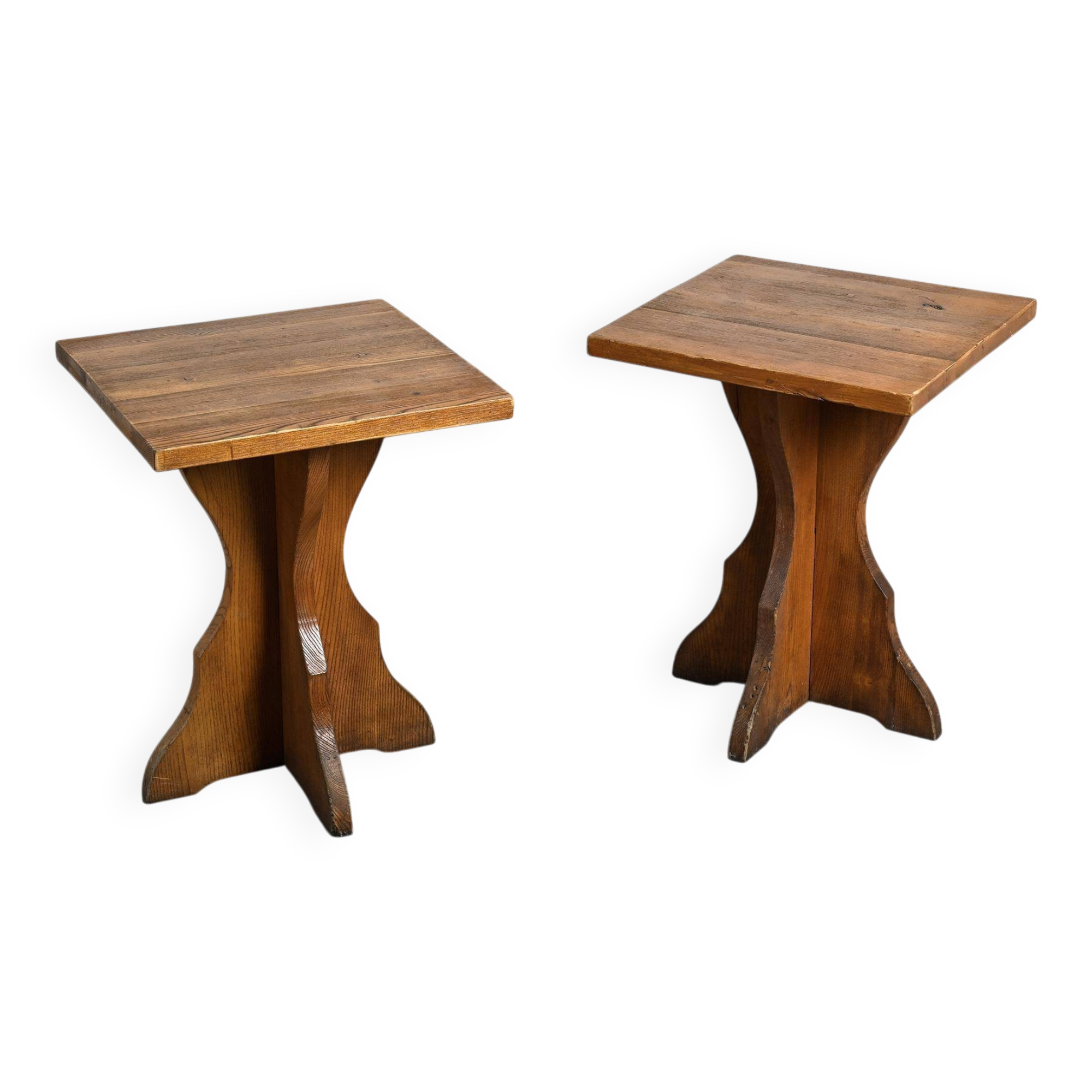 Pair of solid pine side tables, French Alps, circa 1970.
