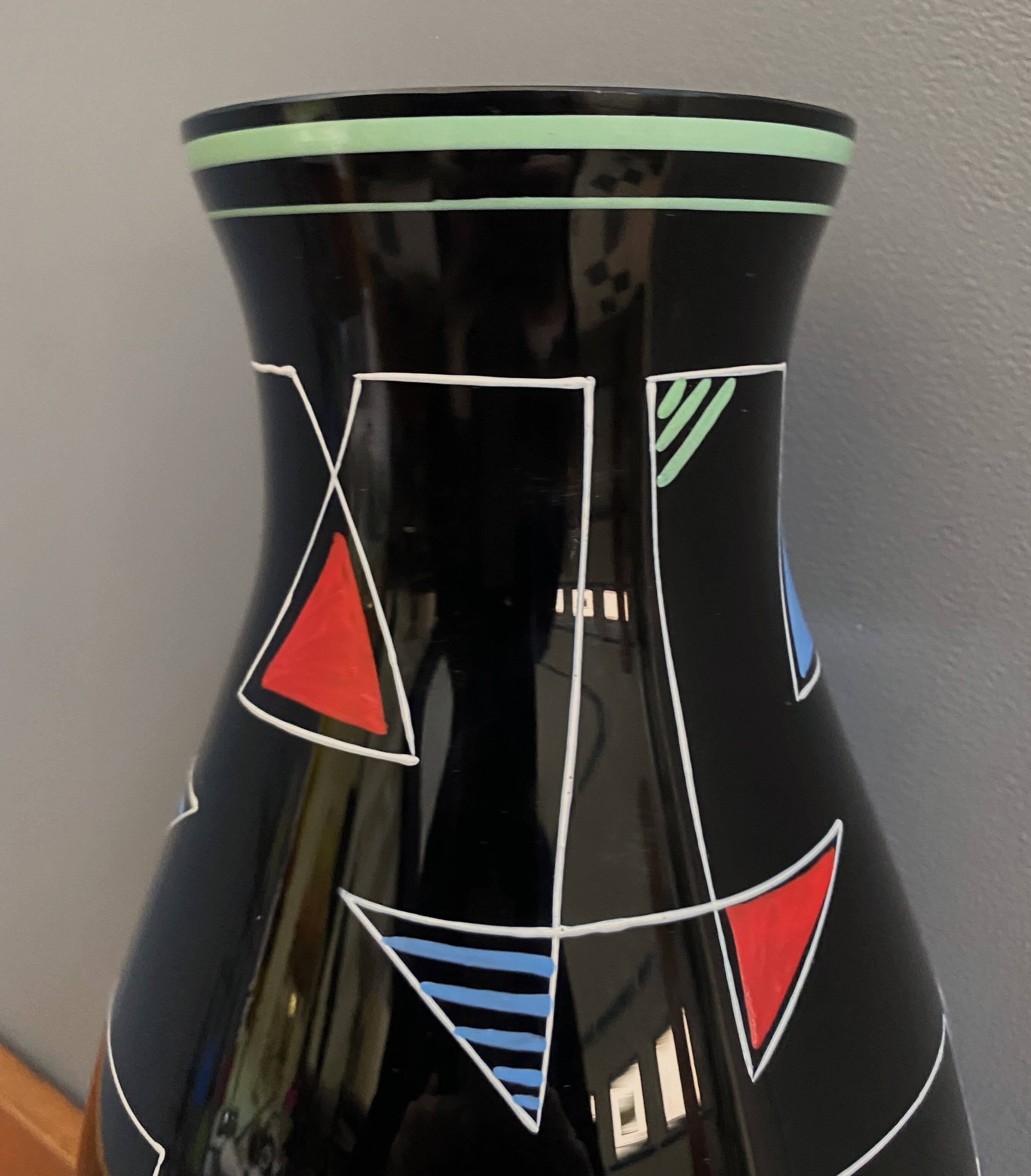 Black Glass vase with enamel decoration by VEB Wasungen 1970s