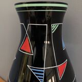 Black Glass vase with enamel decoration by VEB Wasungen 1970s