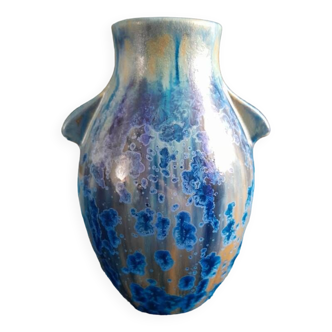 Pierrefonds enameled ear vase. Beautiful crystallization glazes.