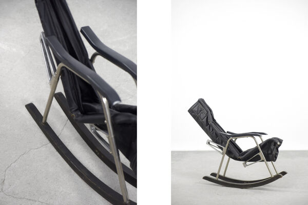 Fauteuil à bascule minimaliste postmoderne vintage en cuir noir du milieu du siècle par Takeshi Nii, années 1950