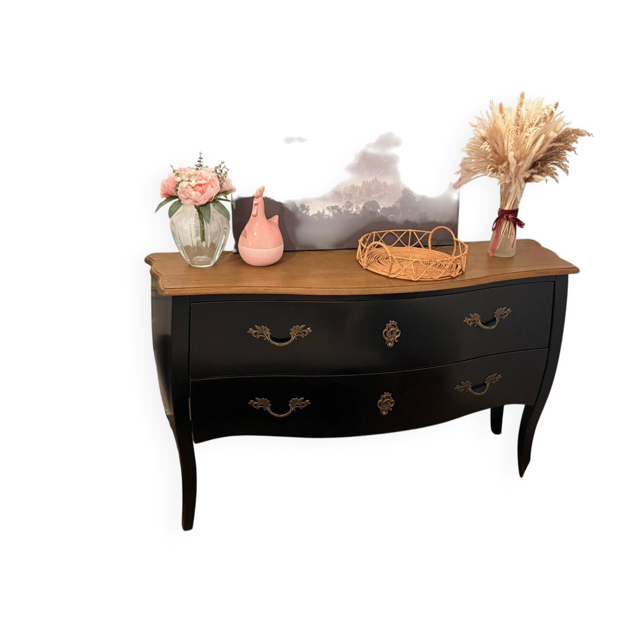 Curved chest of drawers in black wood and oak – Louis XV style revisited