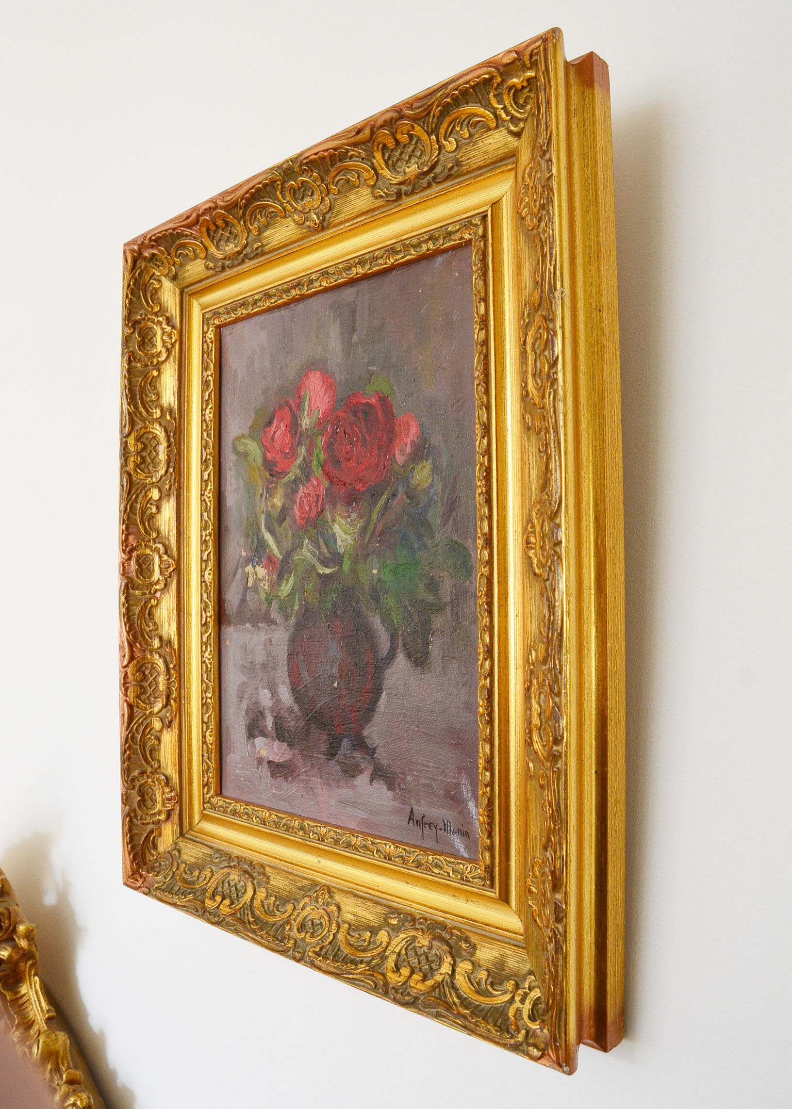Oil on still-life canvas bouquet of flowers by Anfrey-Monin