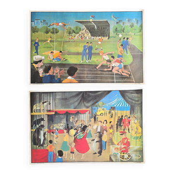 Affiche scolaire ancienne Ogé-Hachette Le Stade & La Ménagerie – Années 60