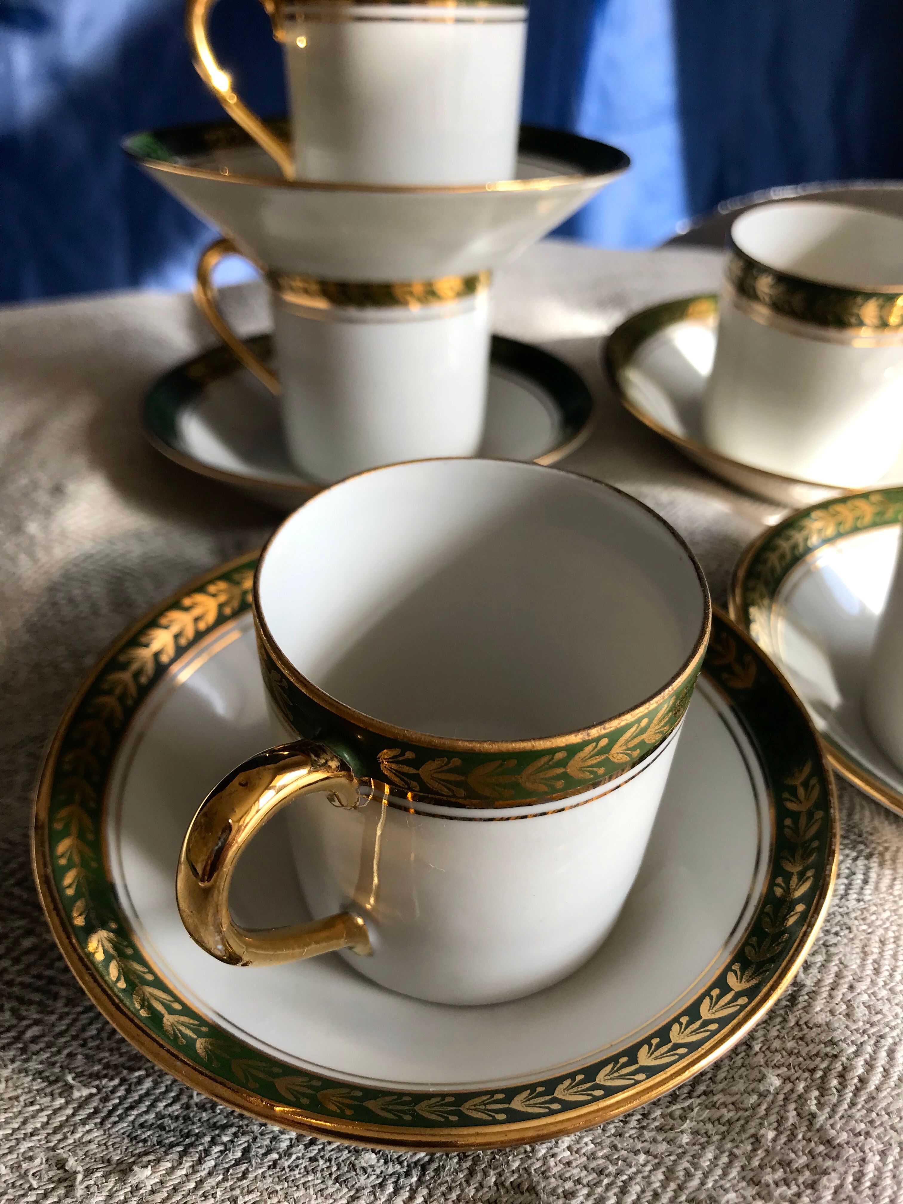 Vintage mocha set 5 coffee cups Napoleon porcelain white frieze green gold by hand