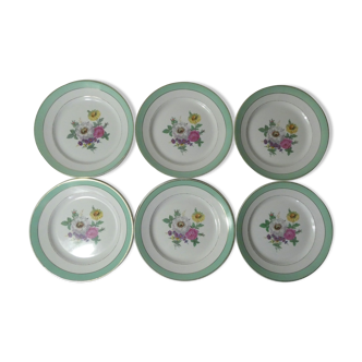 6 flat plates Badonviller faience flowers mint