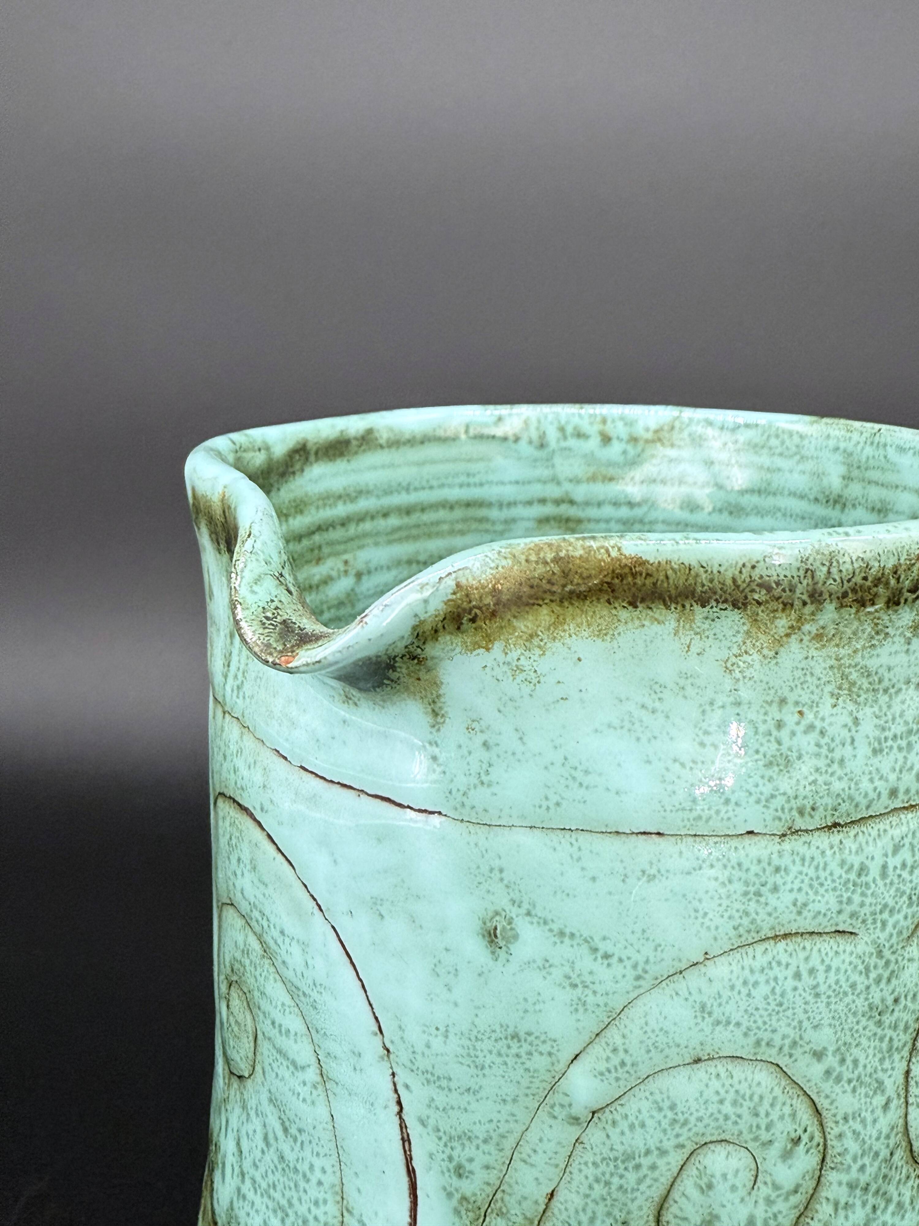 Turquoise green glazed stoneware pitcher – signed, France, 1970