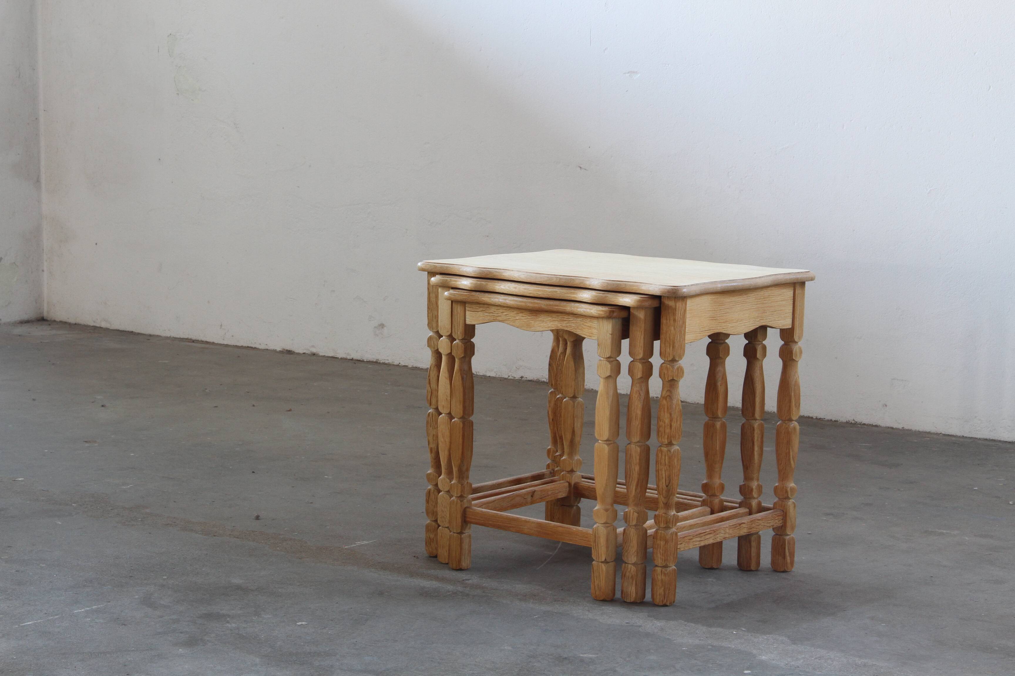 Vintage 1970s set of 3 Nesting / Stacking Oak Tables, style of Henning Kjær