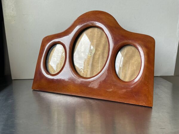 Cadre triple ancien art déco en bois d'acajou 22 x 29 cm verre convexe