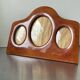 Cadre triple ancien art déco en bois d'acajou 22 x 29 cm verre convexe