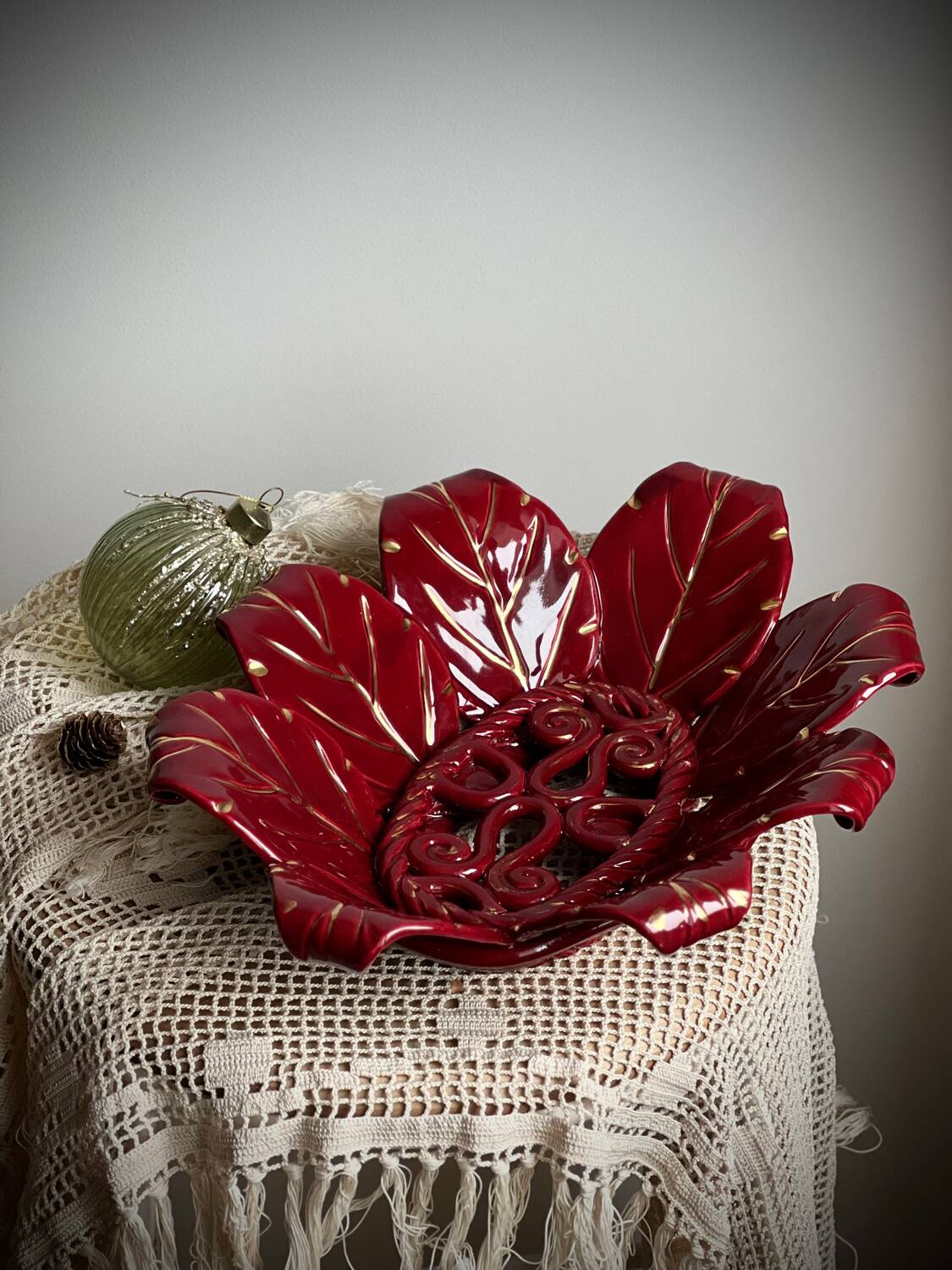 Woven ceramic basket with petals in oxblood slip / baroque style, eclectic