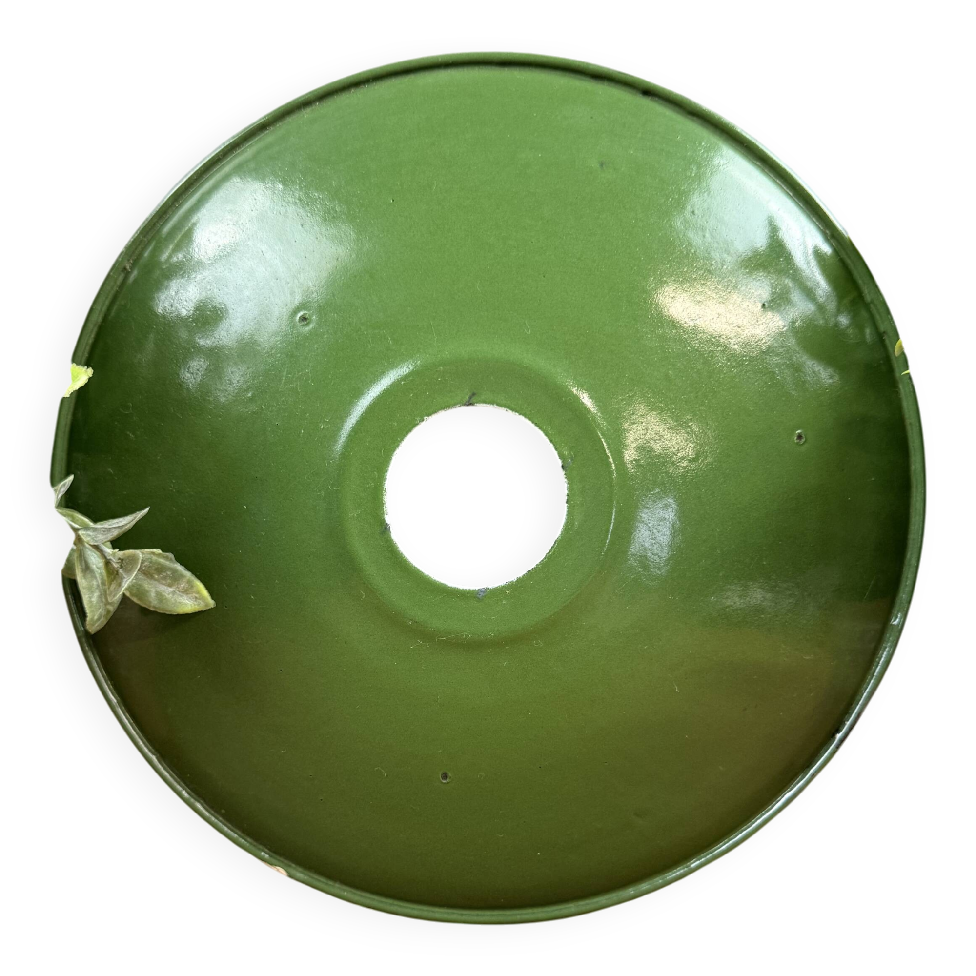 Old industrial workshop lampshade in green enamelled sheet metal.