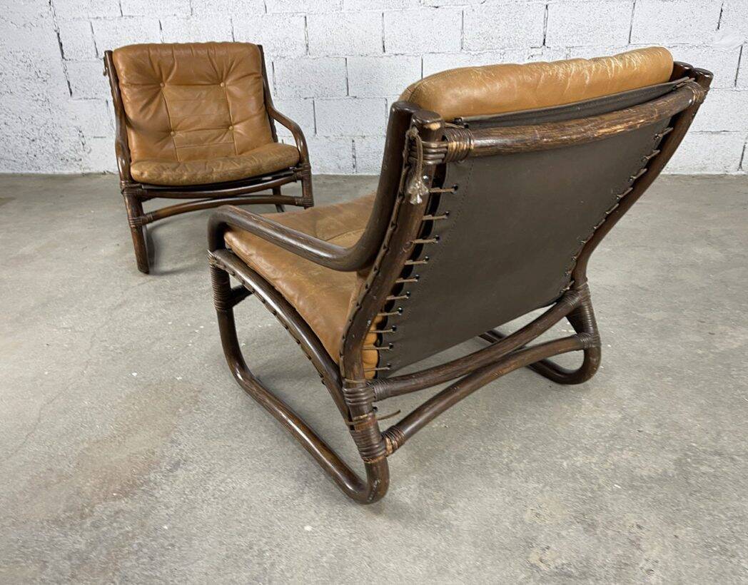 Vintage bamboo and leather armchairs from the 60s