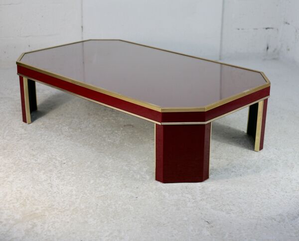 Table basse Eric Maville verre laiton plexiglass bois France , années 70.  Petites rayures. peti
