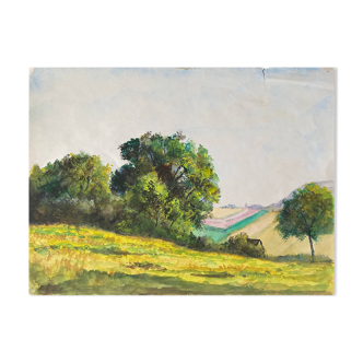 Tableau aquarelle "Plaine vallonnée et arborée" école du XX° siècle